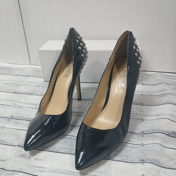 Andrew Stevens SZ 9M Patent Black Studded Stiletto  Biker Heels - Picture 4 of 11